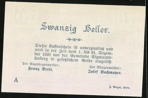 Notgeld Sigmundsherberg 1920, 20 Heller, Gutschein