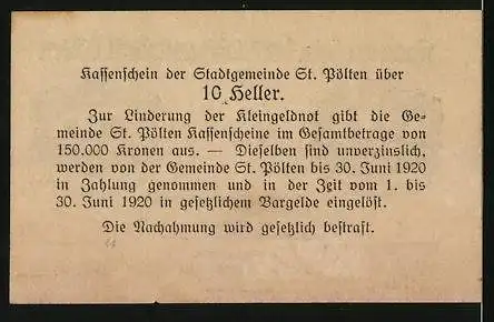 Notgeld St. Pölten 1919, 10 Heller, Rathaus