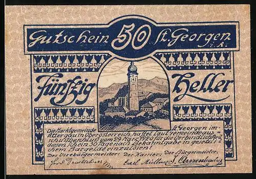 Notgeld St. Georgen 1920, 50 Heller, Blick zur Kirche