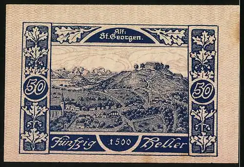 Notgeld St. Georgen 1920, 50 Heller, Blick zur Kirche