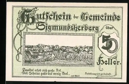 Notgeld Sigmundsherberg 1920, 50 Heller, Teilansicht
