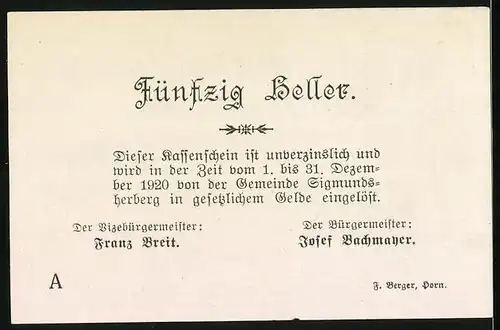 Notgeld Sigmundsherberg 1920, 50 Heller, Teilansicht