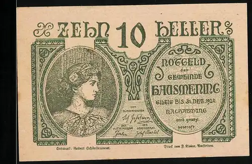 Notgeld Hausmening 1920, 10 Heller, Frauenportrait