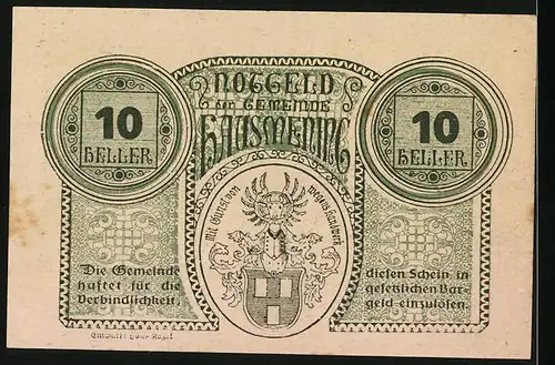 Notgeld Hausmening 1920, 10 Heller, Frauenportrait