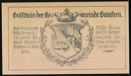 Notgeld Gainfarn 1920, 20 Heller, Blick zur Kirche