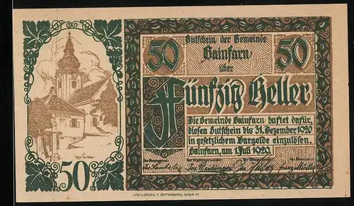 Notgeld Gainfarn 1920, 50 Heller, Blick zur Kirche