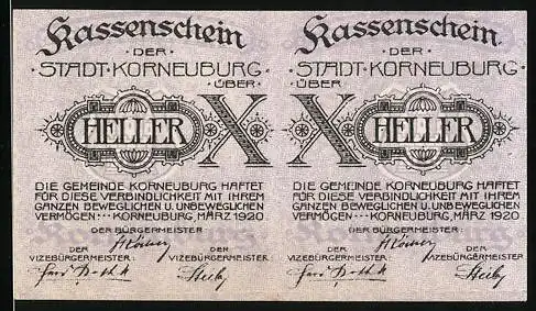 Notgeld Korneuburg 1920, 10 Heller, Kassenschein