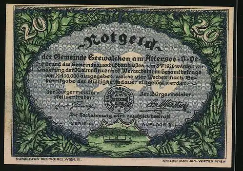 Notgeld Seewalchen am Attersee 1920, 20 Heller, Ortspartie