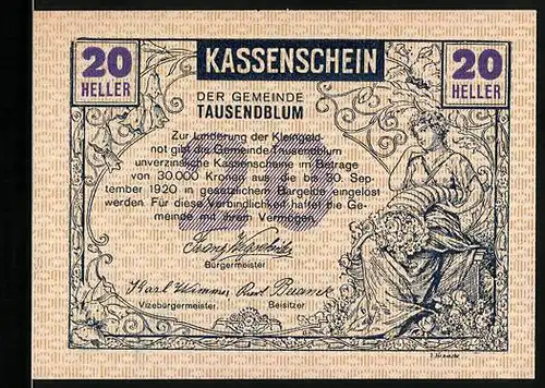 Notgeld Tausendblum 1920, 20 Heller, Frau mit Blumen im Horn