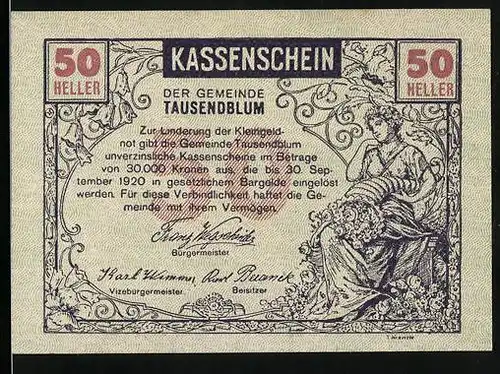 Notgeld Tausendblum 1920, 50 Heller, Frau mit Blumen im Horn