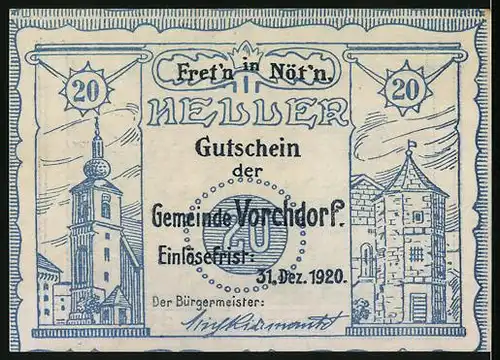 Notgeld Vorchdorf 1920, 20 Heller, Messenbach um 1600
