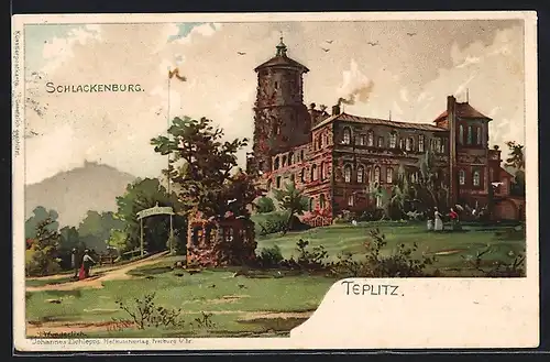 Lithographie Teplitz, Schlackenburg mit Eingang und Umgebung, Ruine
