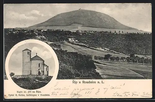 AK Roudnice n. L., Ortansicht mit Berg Ríp im Hintergrund