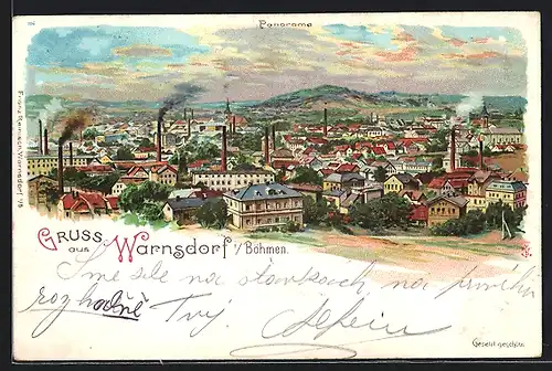 Lithographie Warnsdorf / Varnsdorf im Böhmischen Erzgebirge, Panorama