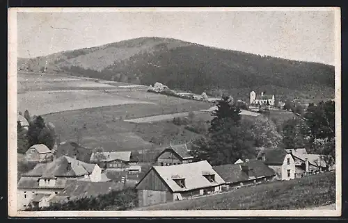 AK Rainochowitz, Ortsansicht mit Feldern und Berg