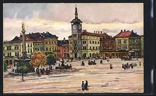 Künstler-AK Kromeriz, St. Lolek, Masarykovo namesti