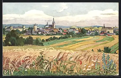 Künstler-AK Holesov, Gesamtansicht vom Feld aus gesehen