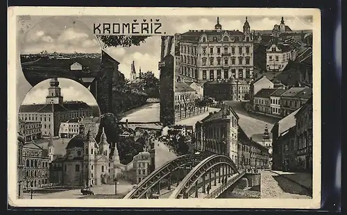 AK Kromeriz, Brücke, Panorama, Kirche und weitere Ansichten, Collage