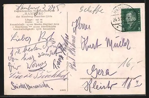 AK Hamburg-Amerika-Linie, Passagierschiff Hamburg