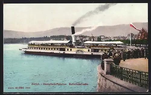 AK Zürich, Dampfer Helvetia an der Dampfschiffstation Bahnhofstrasse