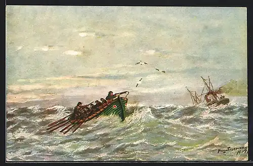 Künstler-AK Schiffsbrüchige an Bord eines Rettungsbootes bei stürmischer See