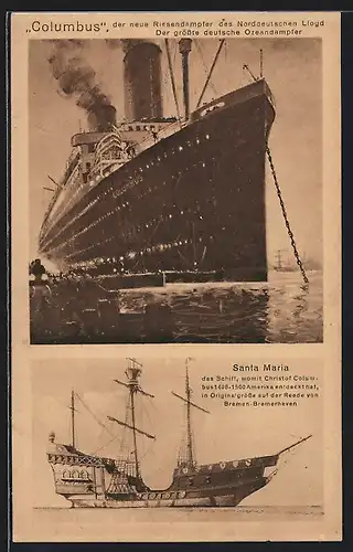 AK Passagierschiff Columbus des Nordd. Lloyds, Abbildung der Santa Maria unter Cristof Columbus