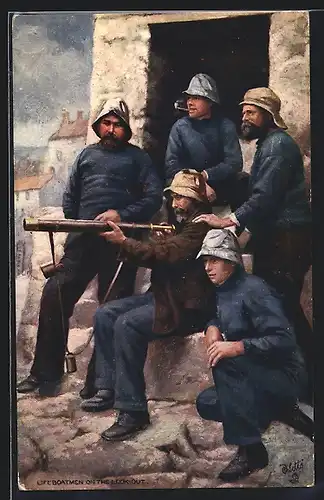 Künstler-AK Seemänner der Seenotrettung mit Fernrohr