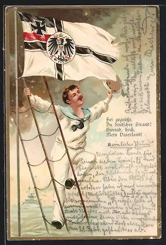 Lithographie Matrose grüsst mit seiner Mütze, Reichskriegsflagge