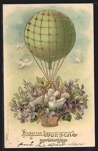 AK Gage d`Amitié Ballon mit Schwalben und Veilchen