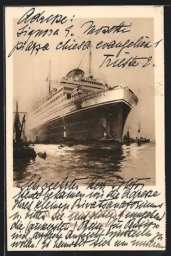 Künstler-AK Dampfer Saturnia mit Schleppern