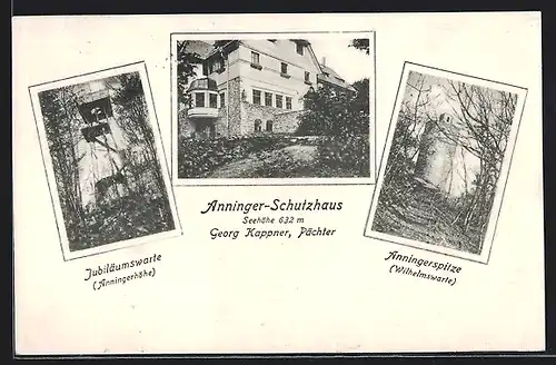 AK Anninger-Schutzhaus, Jubiläumswarte, Anningerspitze mit Wilhelmswarte