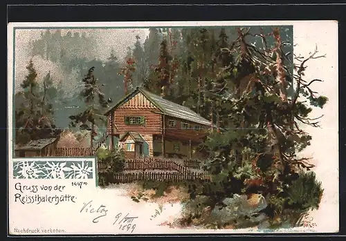 Lithographie Reissthalerhütte, Berghütte mit naher Umgebung