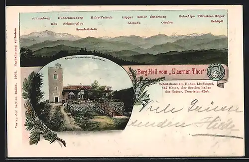 AK Eisernes Thor Schutzhaus, Rundblick vom Aussichtsturm gegen Westen und Totale vom Schneeberg bis Schöpfl