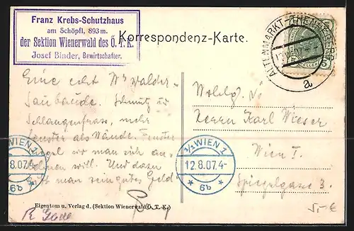 AK Franz-Krebs-Schutzhaus am Schöpfl, Wienerwald, und Ortsansicht vom Forsthof, Wappen der Sektion Wienerwald