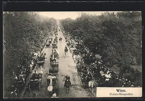AK Wien, Wiener Prater, Hauptallee mit Pferdewägen