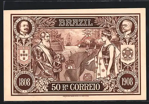AK Brazil, 50 Rs. Correio, Portraits von König und Präsident, Ritter vor Schiffen, Wappen