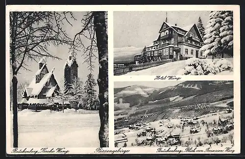 AK Brückenberg /Riesengebirge, Hotel Wang, Blick von Terrassen auf den Ort und Kirche im Winter