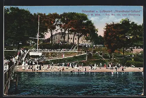 AK Kollund, Blick vom Seesteg auf das Strandhotel mit dem Badestrand