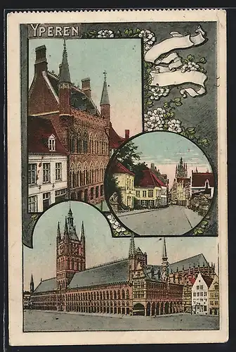 AK Yperen, Strassenpartie mit Rathaus, Wohnhäuser