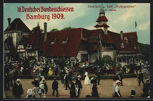 Künstler-AK Hamburg, 16. Deutsches Bundesschiessen 1909, Conditorei u. Cafe Alsterpavillon