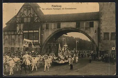 AK Hamburg, 16. Deutsches Bundesschiessen 1909, Festzug, Festwagen mit Bundesbanner
