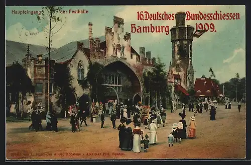 AK Hamburg, 16. Deutsches Bundesschiessen 1909, Partie am Haupteingang der Festhalle