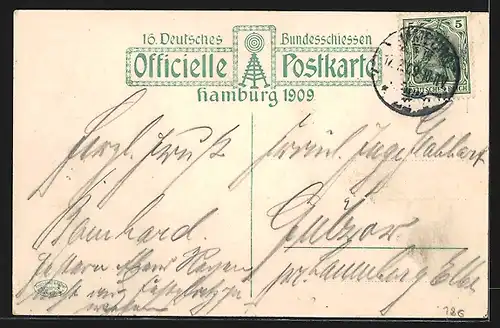 AK Hamburg, 16. Deutsches Bundesschiessen 1909, Partie am Haupteingang der Festhalle