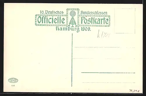 Künstler-AK Hamburg, 16. Deutsches Bundesschiessen 1909, Haupteingang der Festhalle