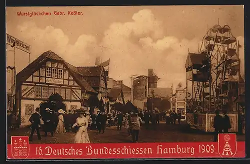AK Hamburg, 16. Deutsches Bundesschiessen 1909, Gasthof Wurstglöckchen der Gebr. Kessler und Riesenrad