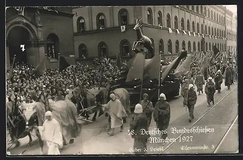 AK München, Deutsches Bundesschiessen 1927, Festzug, Festwagen mit Hirsch