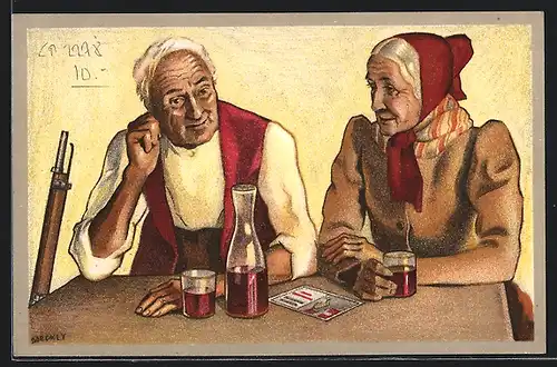 AK Älteres Paar trinkt am Tisch Wein, Schweizerischer Schützenverein 1824-1924