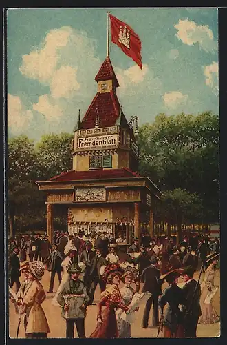AK Schützenverein, Schützenfest mit Besuchern, Turm mit Reklame für Hamburger Fremdenblatt