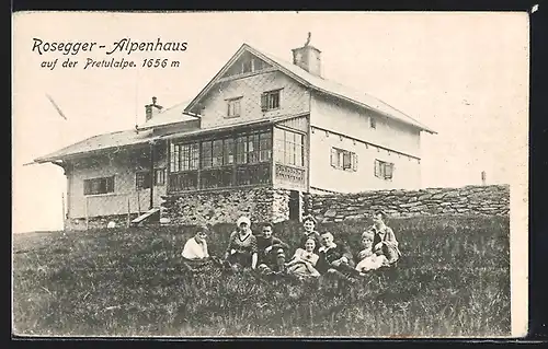 AK Rosegger-Alpenhaus auf der Pretulalpe, Gäste auf der Wiese