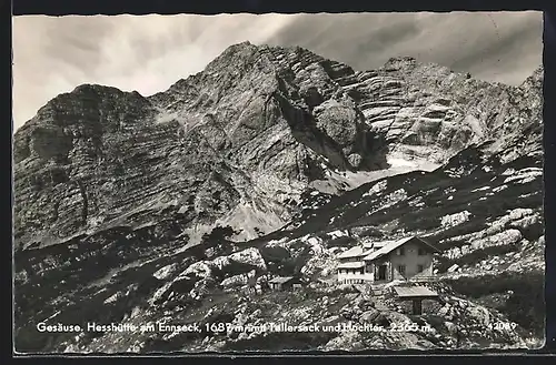 AK Hesshütte, Berghütte am Ennseck mit Tellersack und Hochtor, Gesäuse